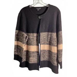 Tally Ho Vintage Wool Cozy Black and Tan Striped Cardigan Sweater Large